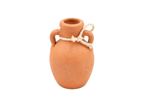 Small terracotta amphora vase with a decorative rope tie isolated on a clean transparent background