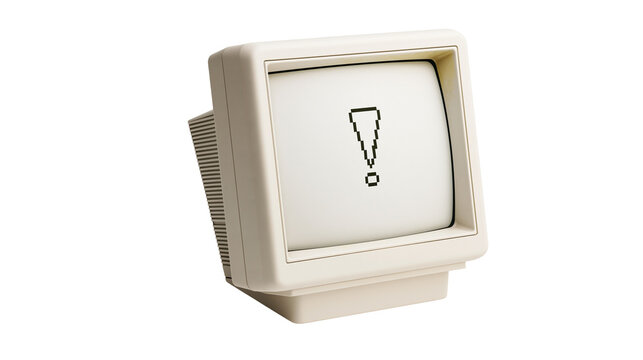 Vintage beige computer monitor with exclamation mark pixel art on screen