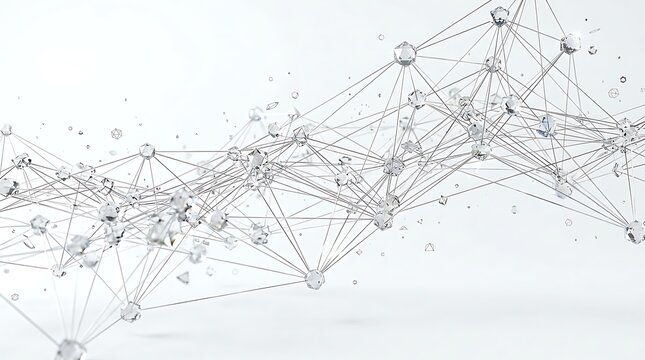 Futuristic scientific network background with connected glass beads and metallic filaments creating abstract data structure in white