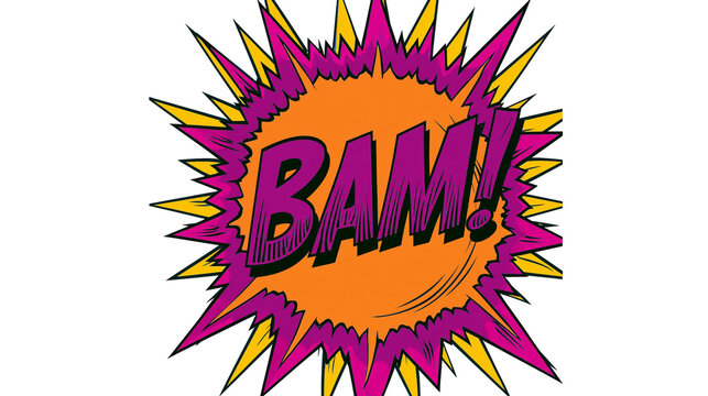 BAM comic book style speech bubble with purple and orange explosive burst