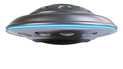 Brushed metallic flying saucer with glowing blue light ring and circular ports © Michal
