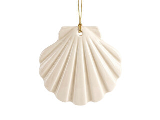 Ceramic scallop shell ornament hanging on a gold string against a transparent background © Gandalf