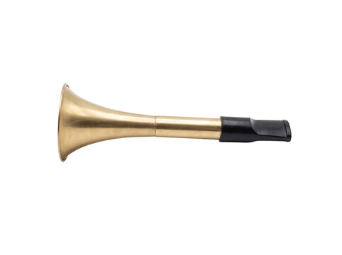 Vintage brass air horn with a black plastic mouthpiece isolated on a transparent background