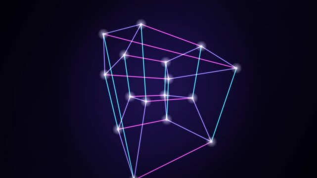 Neon tesseract hypercube rotating through four dimensions seamless loop