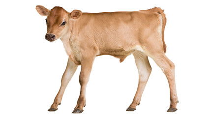 Young light brown calf standing sideways looking at camera © Michal