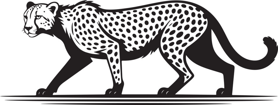 Cheetah silhouette walking forward with spotted pattern for athletic brand logos or wildlife murals.