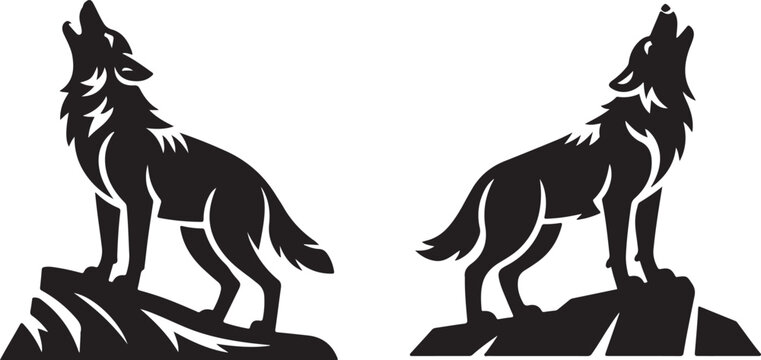 Two howling wolves perched on rocky terrain silhouette for nature logos or outdoor apparel prints.
