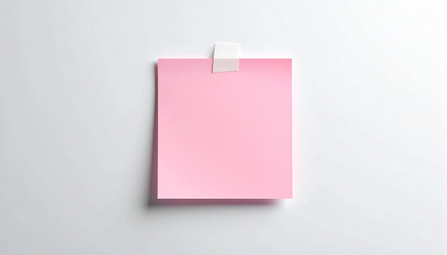 Blank pink sticky note paper attached with masking tape on white background with soft shadow empty reminder square sheet memo pad mockup for message