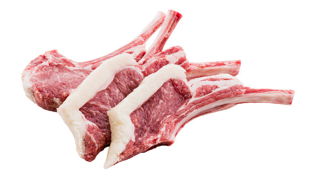 Raw lamb rib chops with bone and fat layer