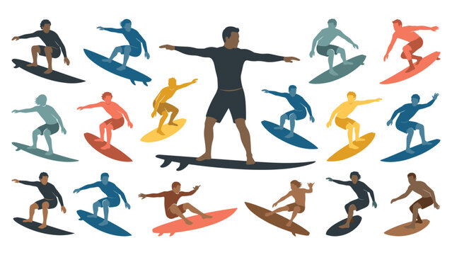 Silhouettes of surfers riding waves in various active poses vector.