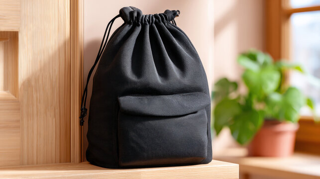 Black drawstring cinch sack placed on wooden doorstep beside brass handle for accessory product display, travel pouch listing, small goods mockup and ecommerce merchandising imagery