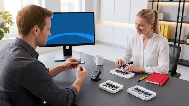 Two employees audit encrypted USB drives using a desktop reader and sorting trays, supporting data security, device management and secure workplace technology