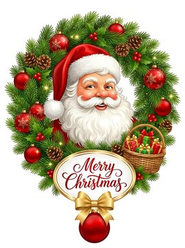 Santa claus portrait inside a festive christmas wreath with pine cones, red ornaments, and a basket of gifts isolated on white background