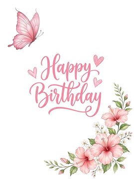 Happy birthday greeting card design with pink butterfly, hibiscus flowers and hearts isolated on white background