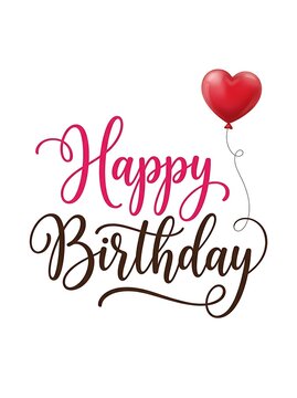 Happy birthday calligraphy text with a red heart balloon isolated on white background