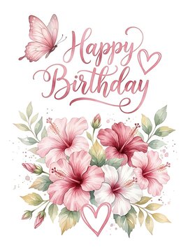 Watercolor happy birthday card with pink hibiscus flowers, butterfly, and hearts isolated on white background
