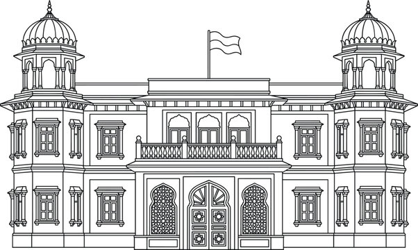 Palace building vector line illustration featuring traditional oriental architecture, symmetric royal mansion design, indian fortress domes, and landmark facade outline graphic.