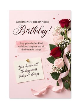 Beautiful birthday greeting card with red and pink roses, babys breath flowers, a pink ribbon, and a handwritten note on a soft pink background