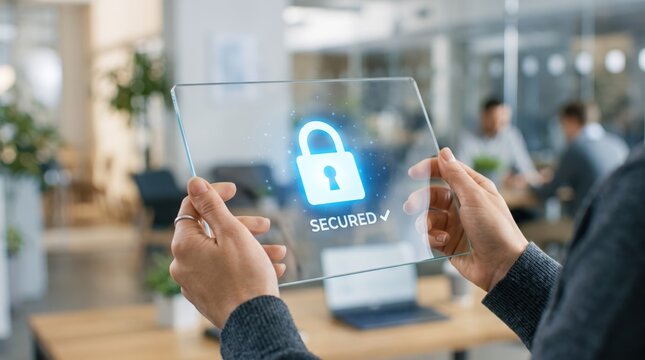 Hands holding transparent futuristic glass tablet showing glowing padlock icon and secured text, representing advanced cybersecurity protection, data encryption