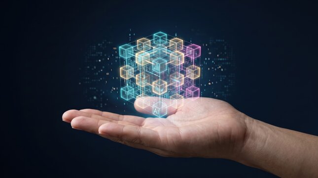 Hand holding glowing artificial intelligence cube hologram, floating digital technology icon representing neural network and machine learning concepts in dark space background for