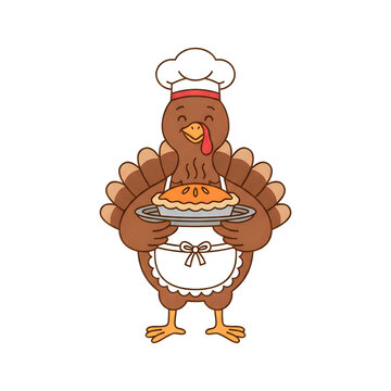 Cartoon turkey chef holding pie with apron and chef hat
