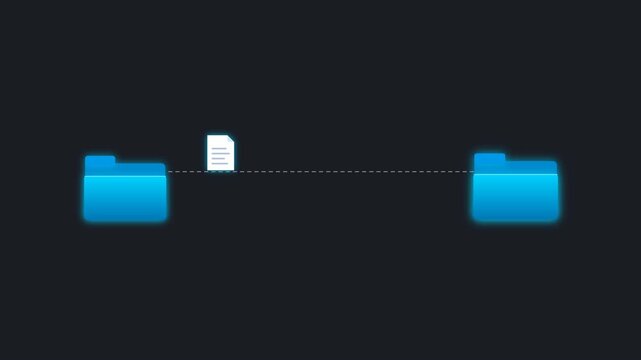 motion graphic illustrating digital file transfer between two glowing light-blue folders on a dark gray background, featuring a white dashed connecting line between folders