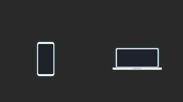 flat motion graphic illustrating four white document files transferred sequentially from a white smartphone on the left to a white laptop on the right on a dark charcoal-gray background