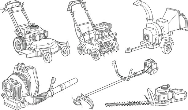Lawn Care and Garden Power Tools Set Line Art Vector Illustration