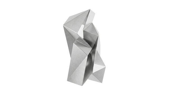 Abstract geometric silver sculpture, futuristic metallic low poly object isolated on white background, modern art installation design element
