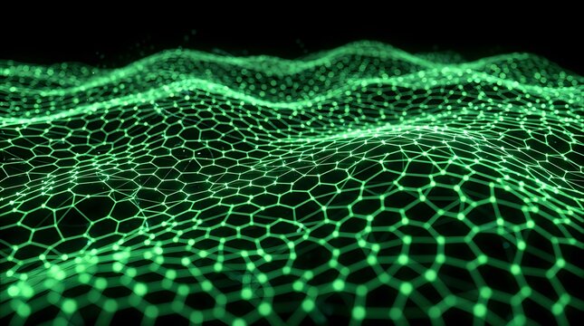 Futuristic glowing green hexagonal wireframe mesh landscape background representing digital cyberspace and big data