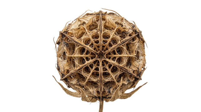 Dried scabiosa stellata seed head macro, starflower paper moon seed pod isolated on white, natural geometric botanical texture for design