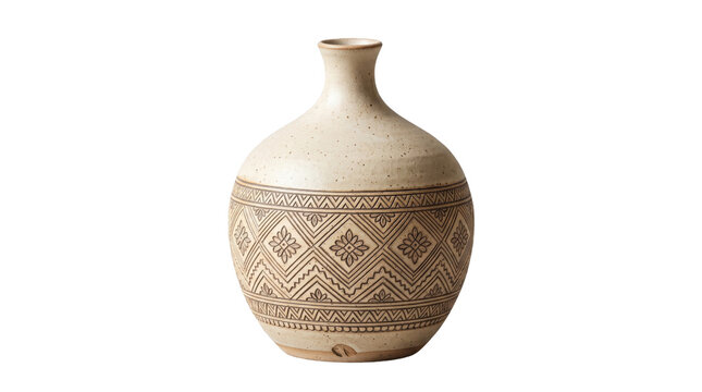 Rustic ceramic vase with geometric tribal pattern, handmade pottery jug isolated on white background, decorative beige earthenware vessel