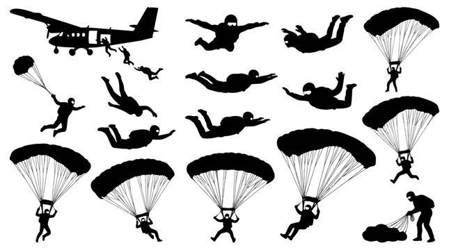 Skydiving Silhouette Collection Featuring Parachutists Jumping From Plane and Landing