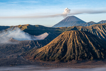 Panoramic view of Mount Bromo crater and smoking Mount Semeru volcano at morning in East Java, Indonesia © ukasz