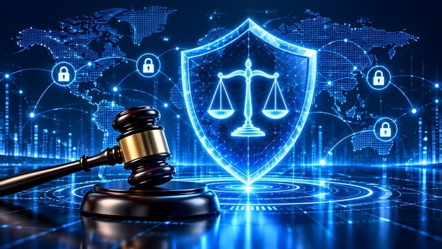 Wooden judge gavel resting before a glowing digital shield and scales of justice representing international cyber law data privacy regulations and internet security compliance