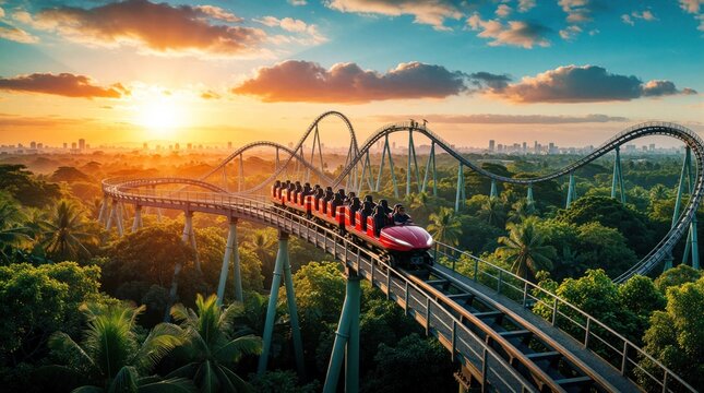 Red roller coaster train moves on elevated track through tropical jungle park. Sunset sky with bright clouds over city skyline background. Thrilling amusement park ride offers adventure, fun in rich