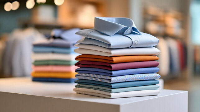Variety of shirts neatly displayed on a clothing store shelf, apparel retail concept, clean product photography, defocused store background, fashion merchandising, with copy space