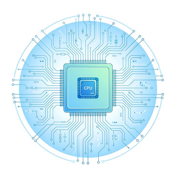 Central processing unit CPU microchip with circular electronic circuit board tracks illustration, computer processor technology vector concept