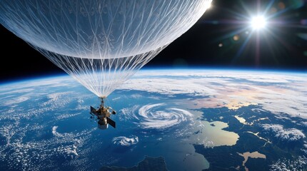 Fototapeta premium Enormous translucent weather balloon floats near stratosphere boundary above Earth. Scientific payload instrument flies high altitude over blue ocean, clouds. Curvature of planet visible from space