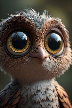 Owlet with soft brown and white fur around the face and chest
