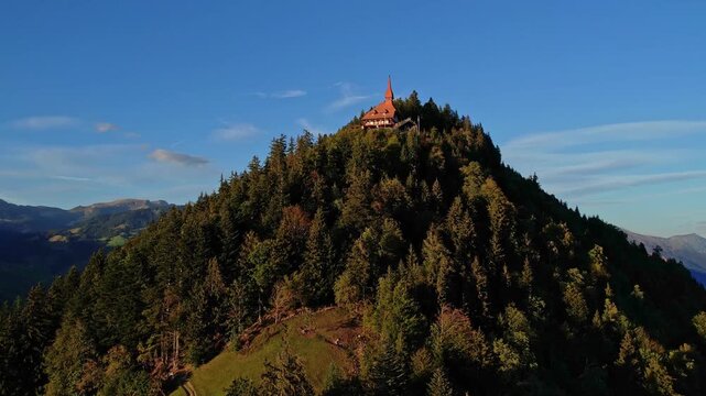 Aerial view of Interlaken from Harder Kulm at sunset, Switzerland