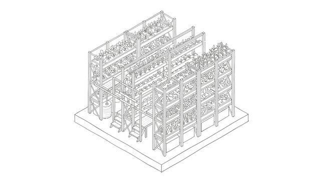 A collection of diverse isometric architectural building concepts are presented as detailed line drawings on a white background.