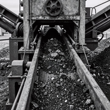 Black And White Ink Conveyor Earth. Coal On Conveyor Belt For Processing