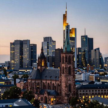 Soft Shading Church Germany. Frankfurt Skyline View With St. Paul'S Church And Hauptwache Building At Blue Hour On Zeil Street