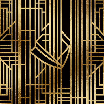 Dark Fantasy Seamless Union. Stylized Art Deco Black-And-Gold Abstract Pattern Design On A Seamless Background