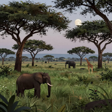 Dramatic Lighting Travel Kenya. A Cartoon Illustration Of A Serene African Savanna Landscape At Sunrise, Featuring Acacia Trees And Lush Green Grass Beneath The Moonlit Sky
