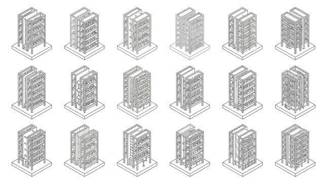 Architectural isometric illustrations display multiple building designs and structural components on a white background.
