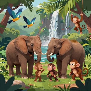 Realistic Cartoon Elephant. Cute Cartoon Animals Portrayed In An African Jungle Setting