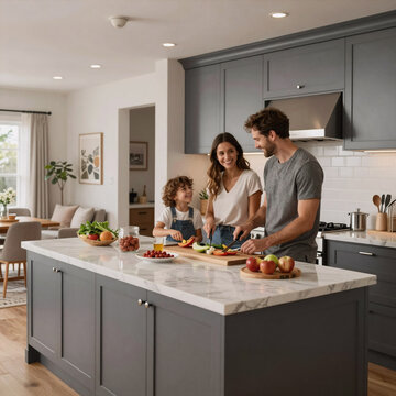 Biomechanical Kitchen 30S Adult. Young Family Within A Custom, Luxurious Kitchen