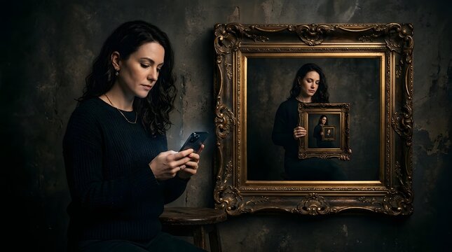 A woman seated next to a large  ornate golden framed portrait that depicts her holding a smaller version of the same portrait  creating a recursive visual effect